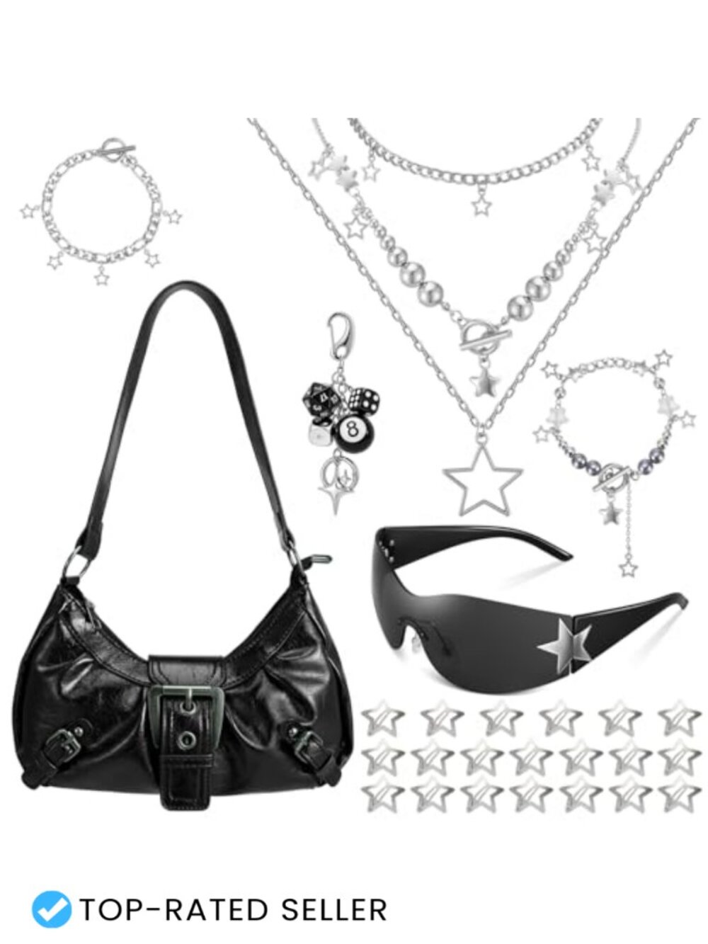Y2K Accessory Set Layered Necklaces Star Bracelets Mini Purse Sunglasses Hair